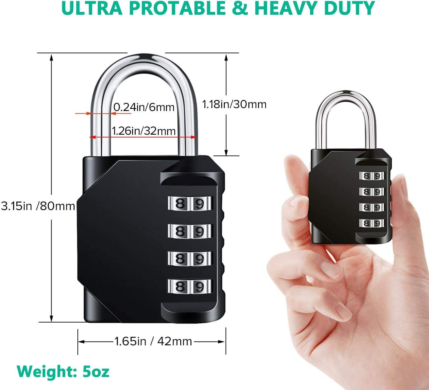 Combination Lock Resettable 4 Digit Padlock with 3.15 Inch, Select Color
