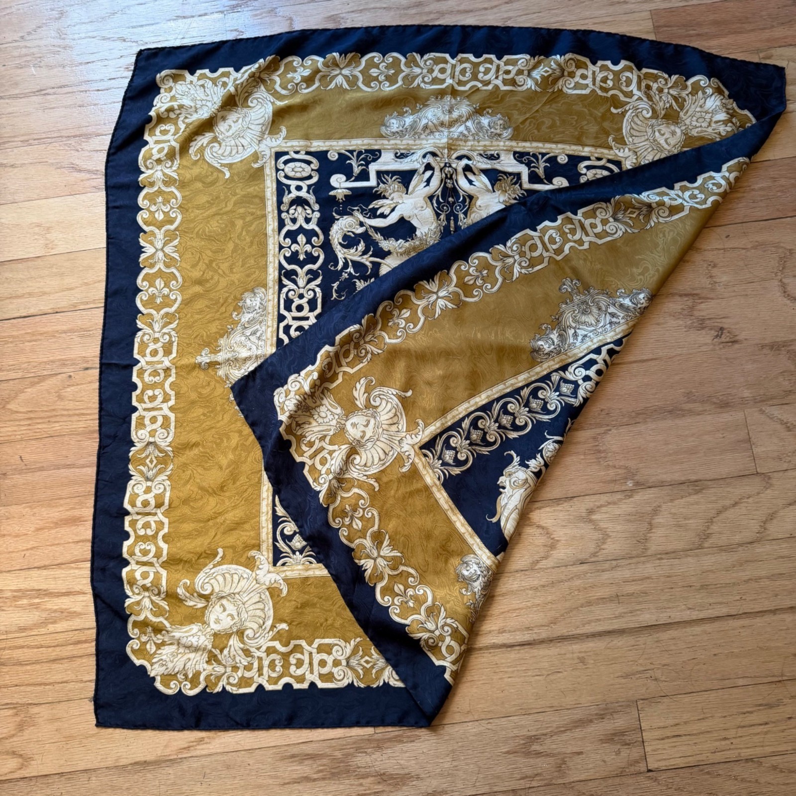 King Neptune Italian Silk Crepe De Chine Scarf 35.5" Hand-Rolled Fleur de Lis