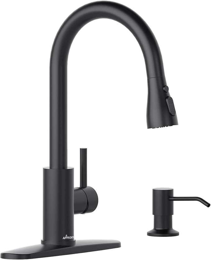 Pull Down Sprayer Kitchen Faucet with 10''Deck Plate &Soap Dispenser Matte Black