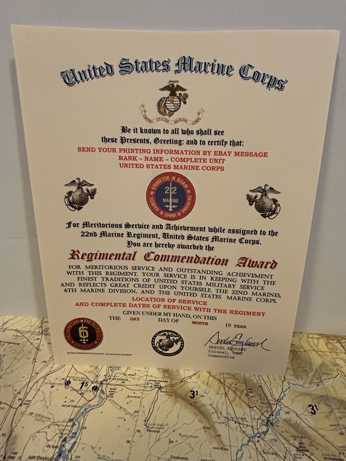 U.S.M.C. / 22ND MARINE REGIMENT - REGIMENTAL COMMENDATION AWARD CERTIFICATE
