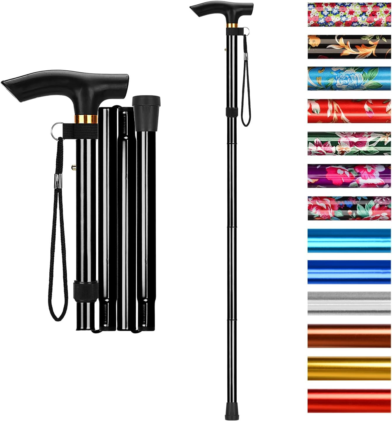 Folding Cane, 5-Level Adjustable Height Walking Stick Lightweight Wrist Straps