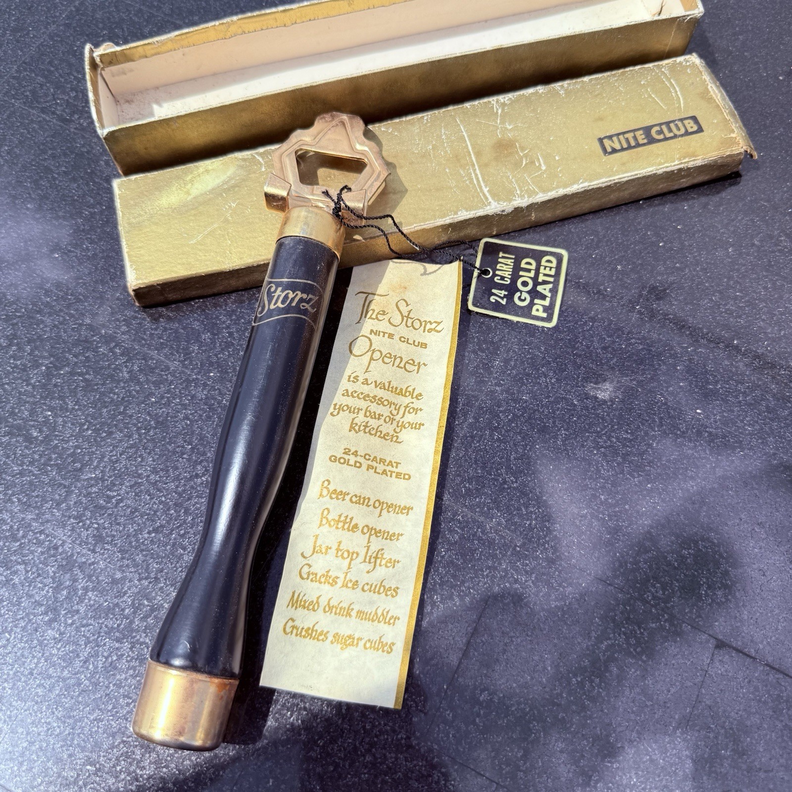 VINTAGE- THE STORZ Nite Club Opener 24K Gold Plated & Black-bottle/can Opener