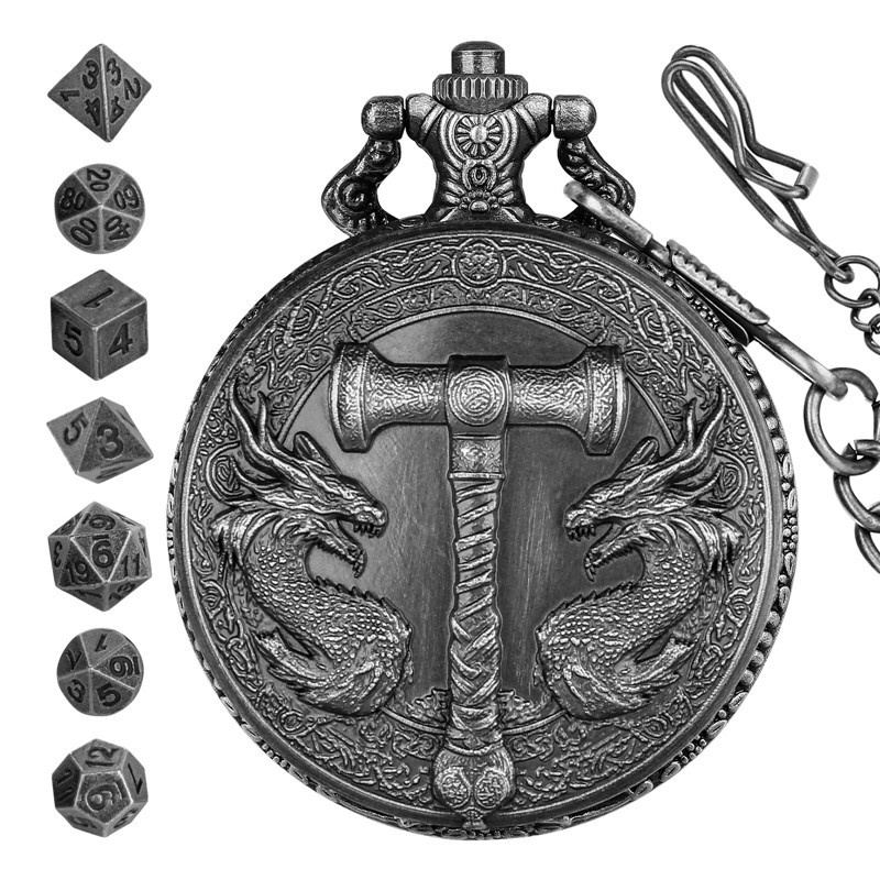7pcs Mini Solid Metal Polyhedral Dice Set for RPG in Dragon Pocket Watch Case