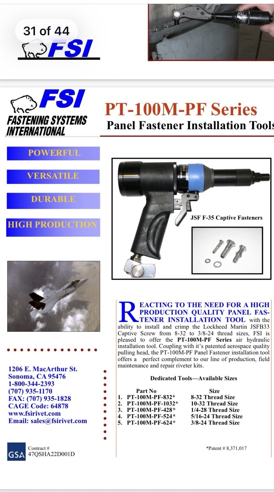 FSI PT100M-PF-428 PANEL FASTENER INSTALLATION TOOL PT-100M-PF RIVETER