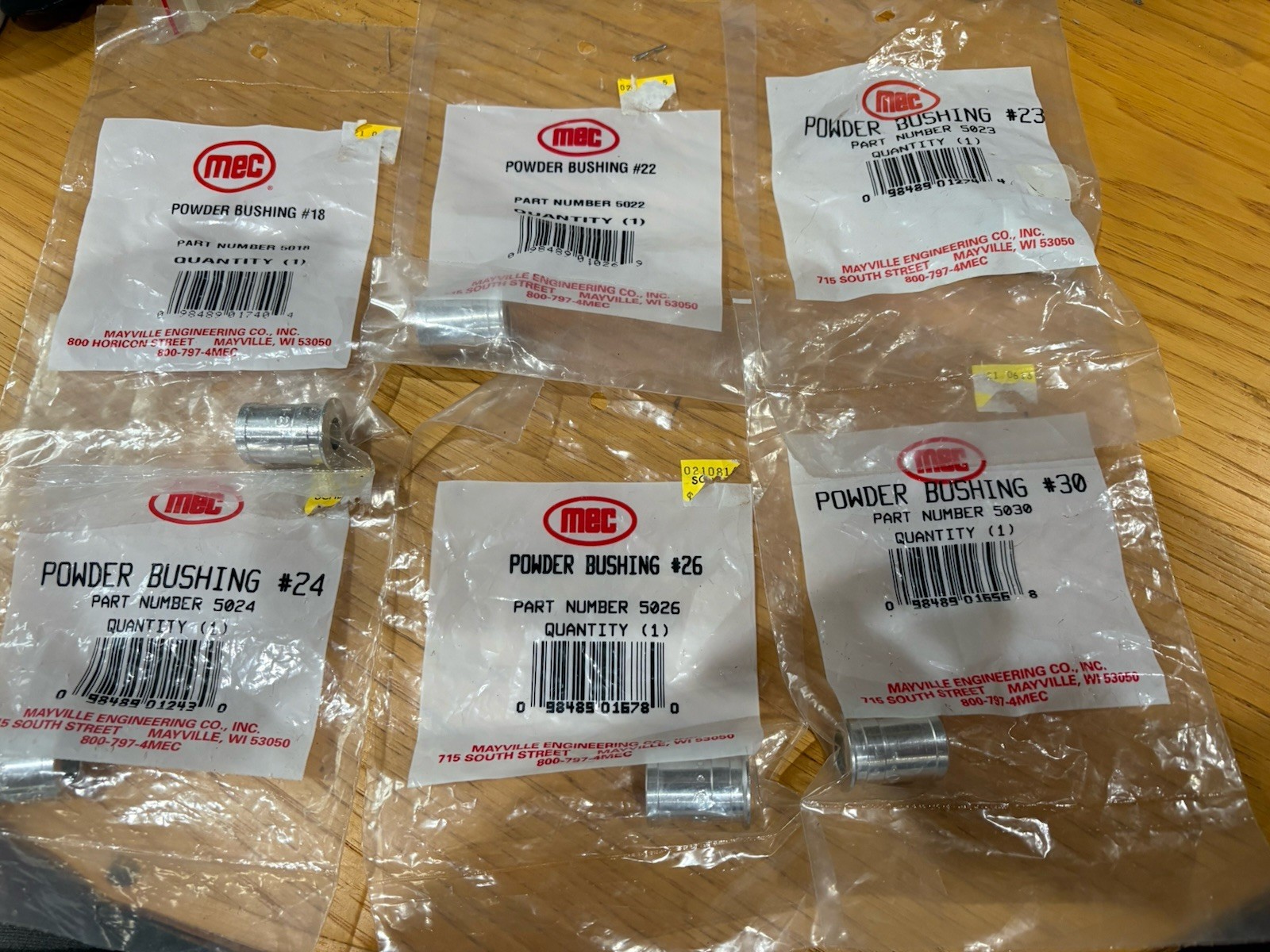 Lot Of 6 New In Packages MEC Powder Bushings #’s : 18, 22, 23, 24, 26, & 30