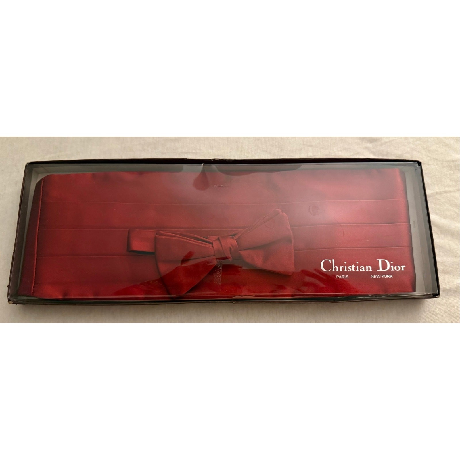 Vintage Christian Dior Paris Red Silk Cummerbund & Bow Tie Set Original Box