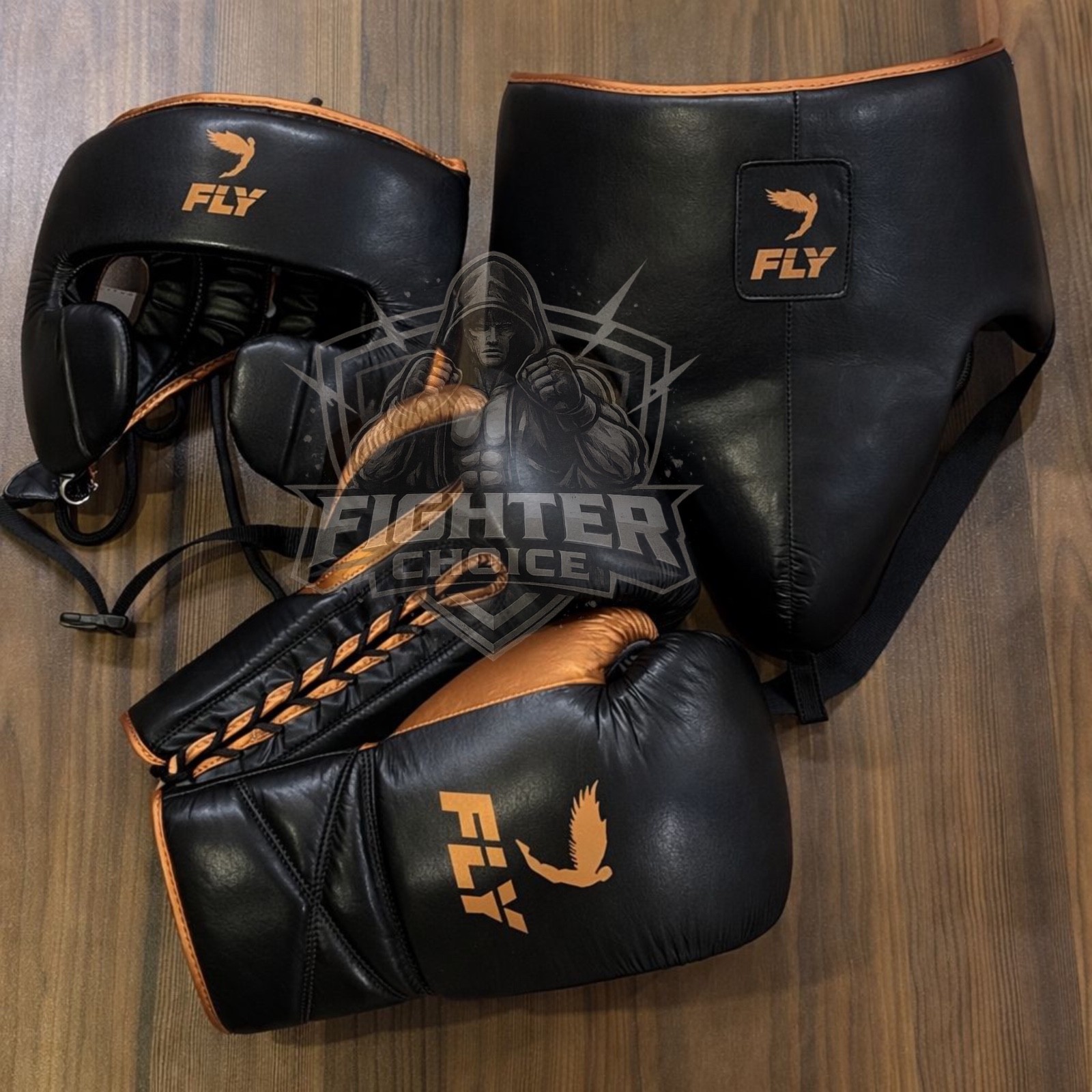 Fly Boxing Set Black Gold Cowhide Leather Sparring & Training