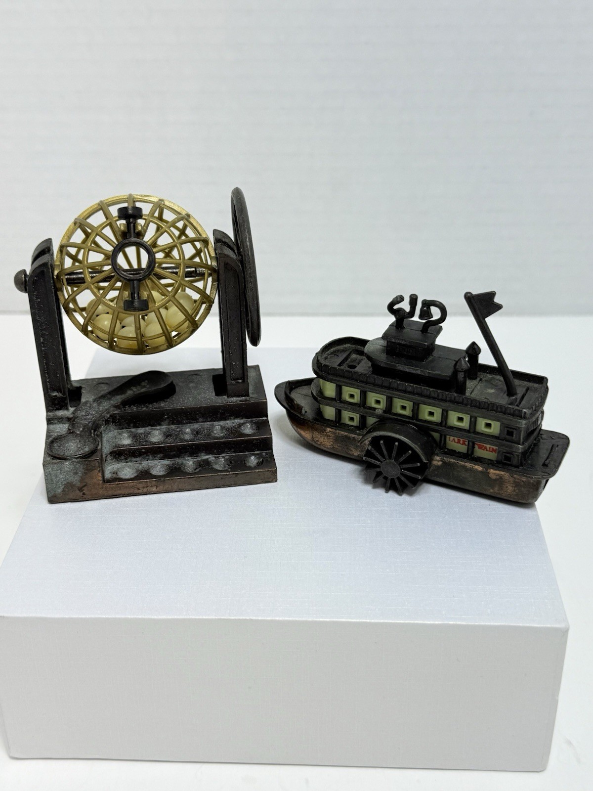 2 Vintage Metal Pencil Sharpeners/Desk Decor– Bingo Cage & Mark Twain Steamboat