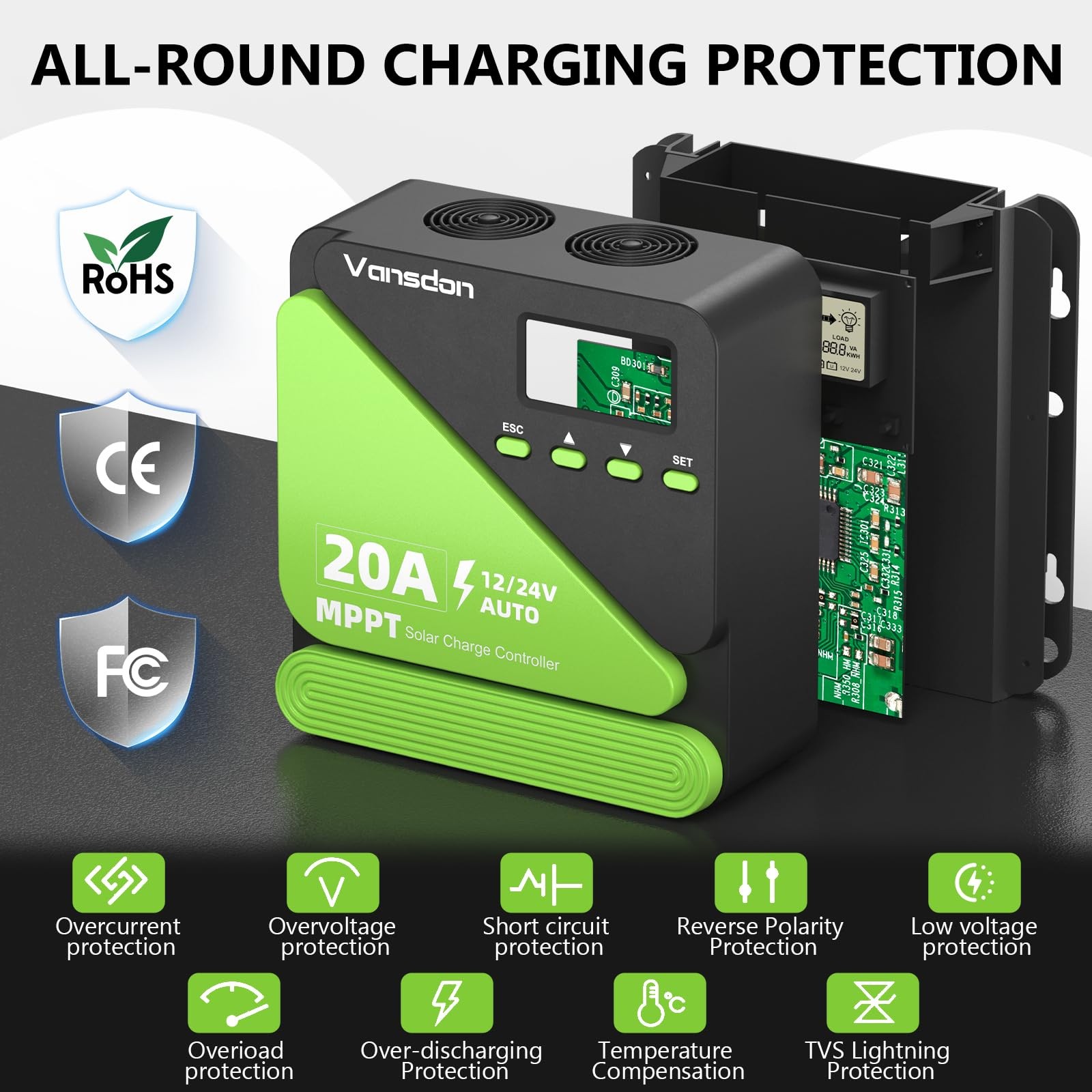 Vansdon 20A Solar Charge Controller 12V/24V MPPT Solar Charge Controller, Adjust