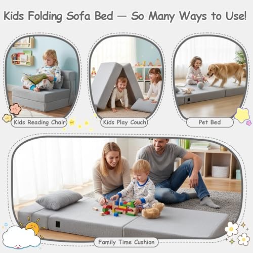 Kids Floor Mattress for Toddler, Child Fold Up Sofa Couch Plush Grey