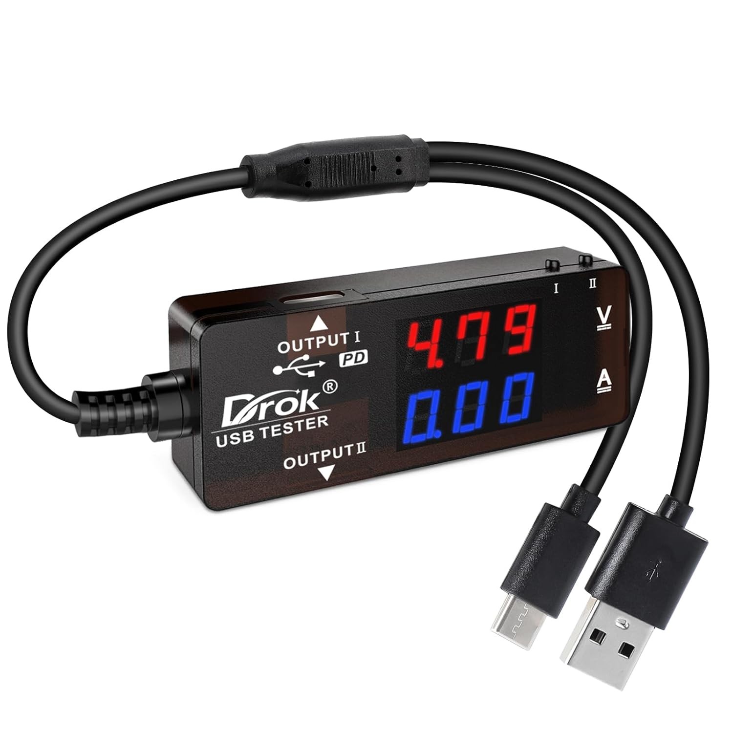 DROK USB Tester, USB-A USB-C 2.0 Multimeter Dual USB Ports PD QC 3.0 with Color