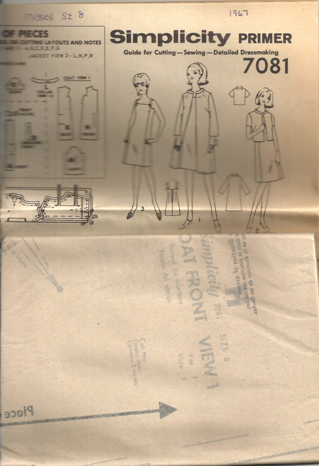 SIMPLICITY Primer 7081 MISSES' SIZE 8 DRESS, COAT, JACKET SEWING PATTERN ©1967
