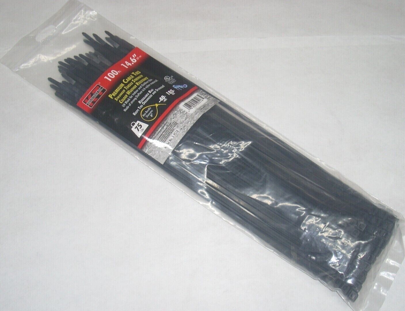 KT Industries 5-9518 Premium Black Cable Ties 14.6" Long 75 lb Cap 100 pk