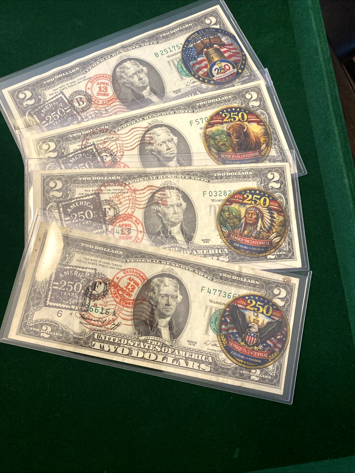 2$ Bank Notes Stamped Celebrating America 250 Yrs Lot Of 4