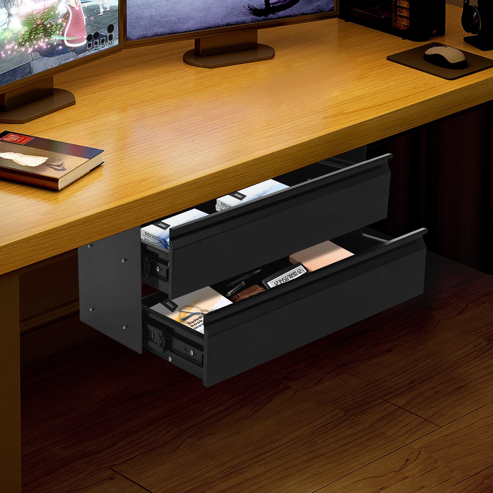 Black Dual Level 16" Pull Out Under Desk Storage Drawer Set