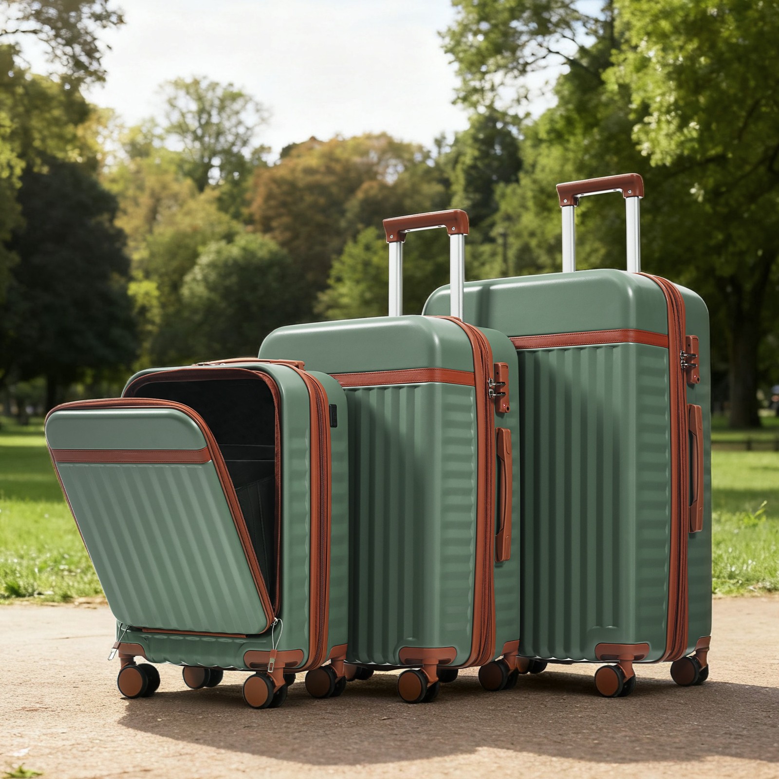 3Pcs 20" 24" 28" ABS Hardside Luggage Set w/ USB Port TSA Lock Expandable Green