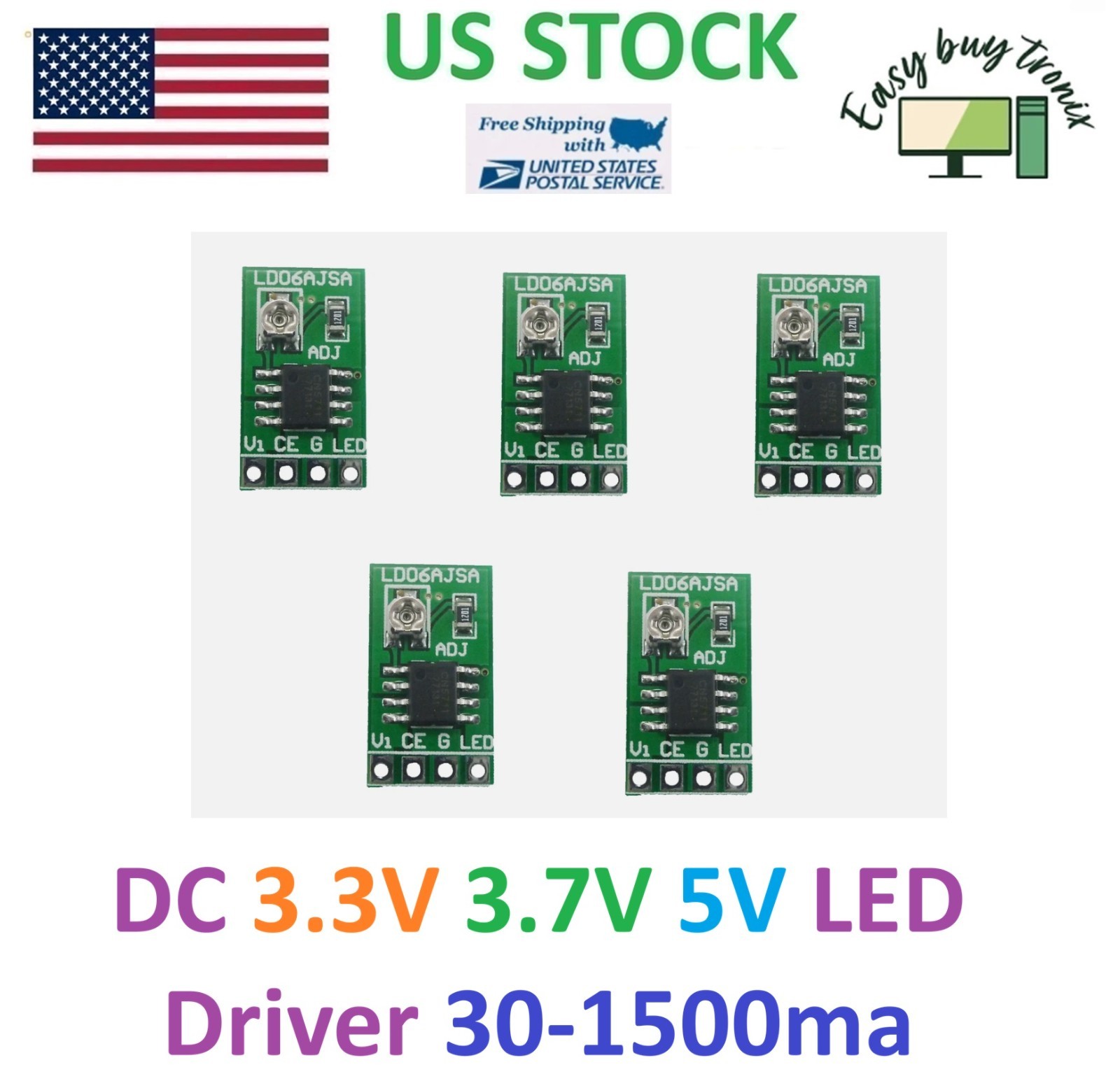 5Pcs DC 3.3V 3.7V 5V LED Driver 30-1500MA Constant Current Adjustable Module PWM