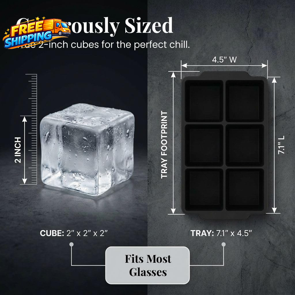Large Silicone Ice Cube Tray (2-Pack), Easy Release 2" Big Ice Cubes - Cocktail,