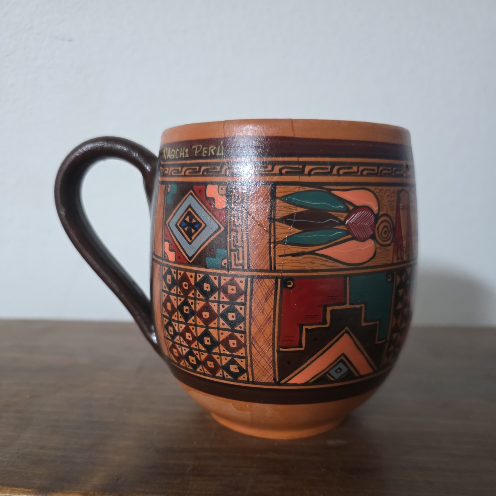 Vintage Hand Painted Clay Pottery Aztec Design Coffee Mug Cusco Peru’ Decor