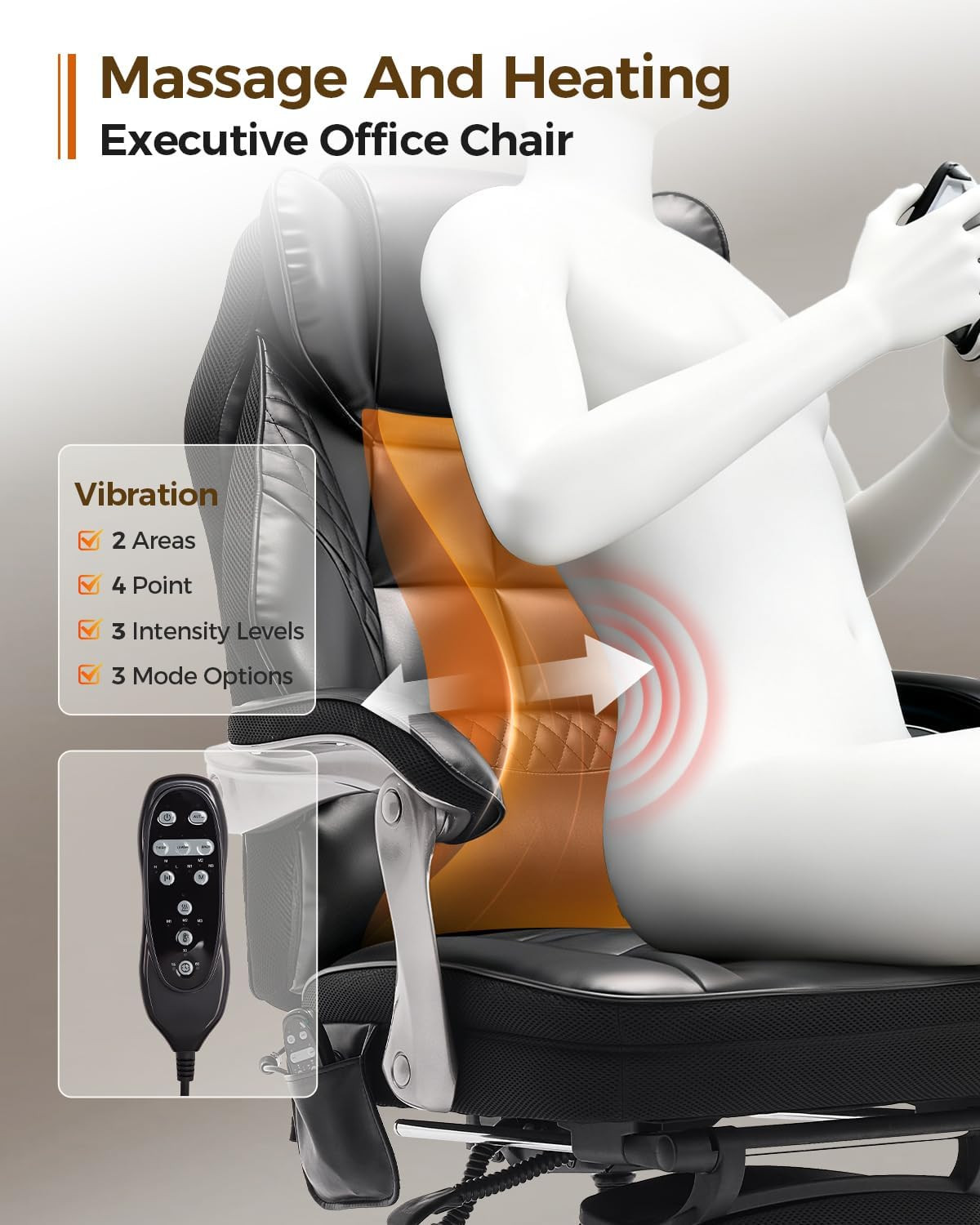 600LBS Big and Tall Office Chair with Massage and Heat, 23.5" Wide Leather Offic