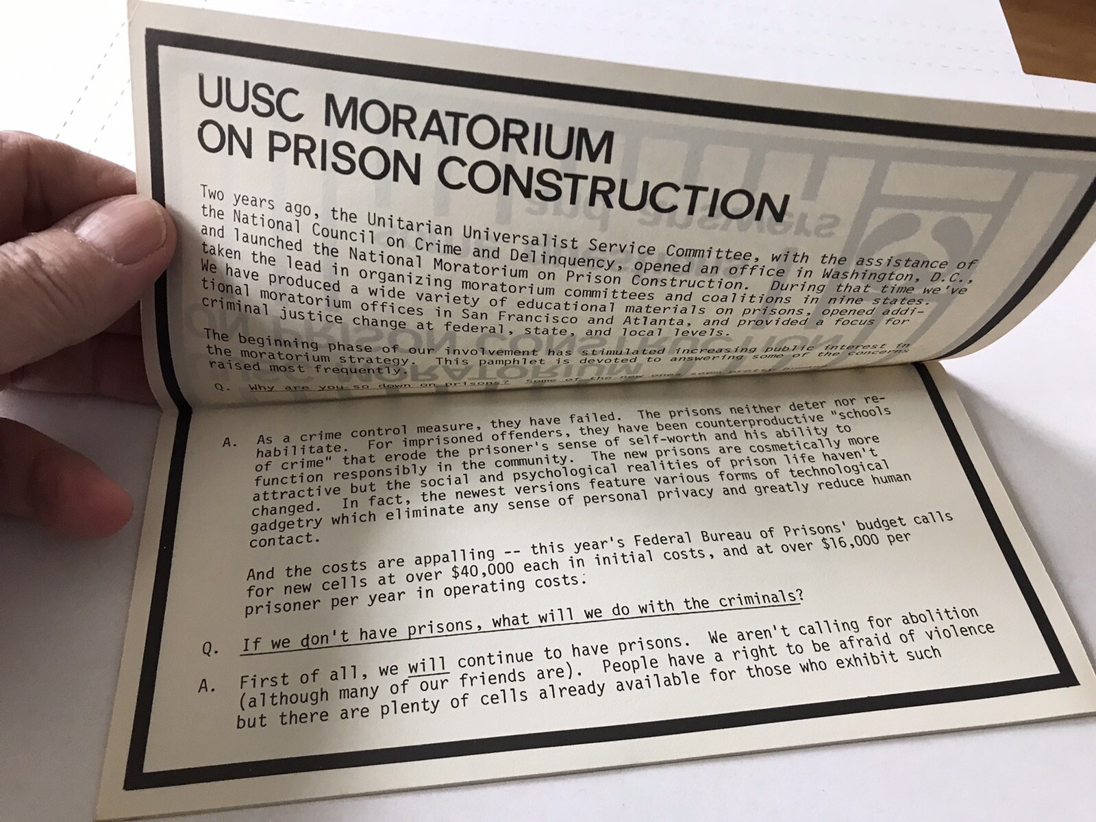 1979 UUSC Moratorium on Prison Construction Pamphlet 16 pages