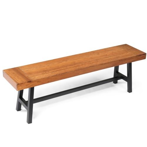 Wooden Outdoor Bench All-Weather Durable Metal Legs 63 Inch for Yard Garden