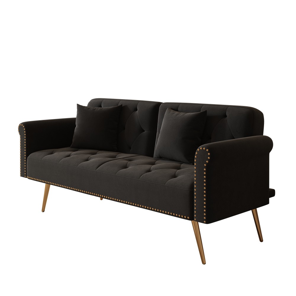 69.7" Black Velvet Sofa Bed - Nail Head Trim + Matching Throw Pillow