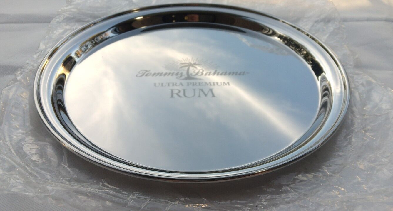 (2) Tommy Bahama Ultra Premium Rum Round Stainless Steel Serving Trays NOS