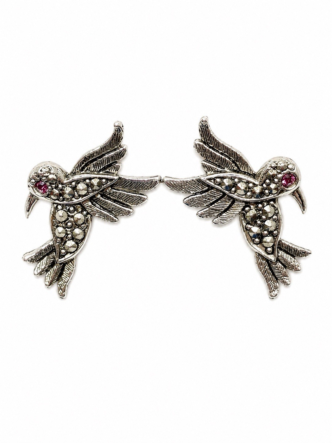 Vintage Avon Hummingbird Earrings Silver Tone Marcasite Style Purple Rhinestone