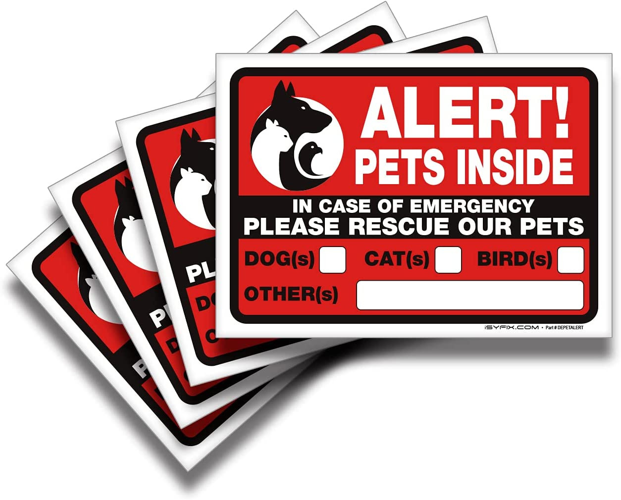 Pets inside Alert Signs Stickers - 4 Pack 7X5 Inch - for Window,Door,Home,Office