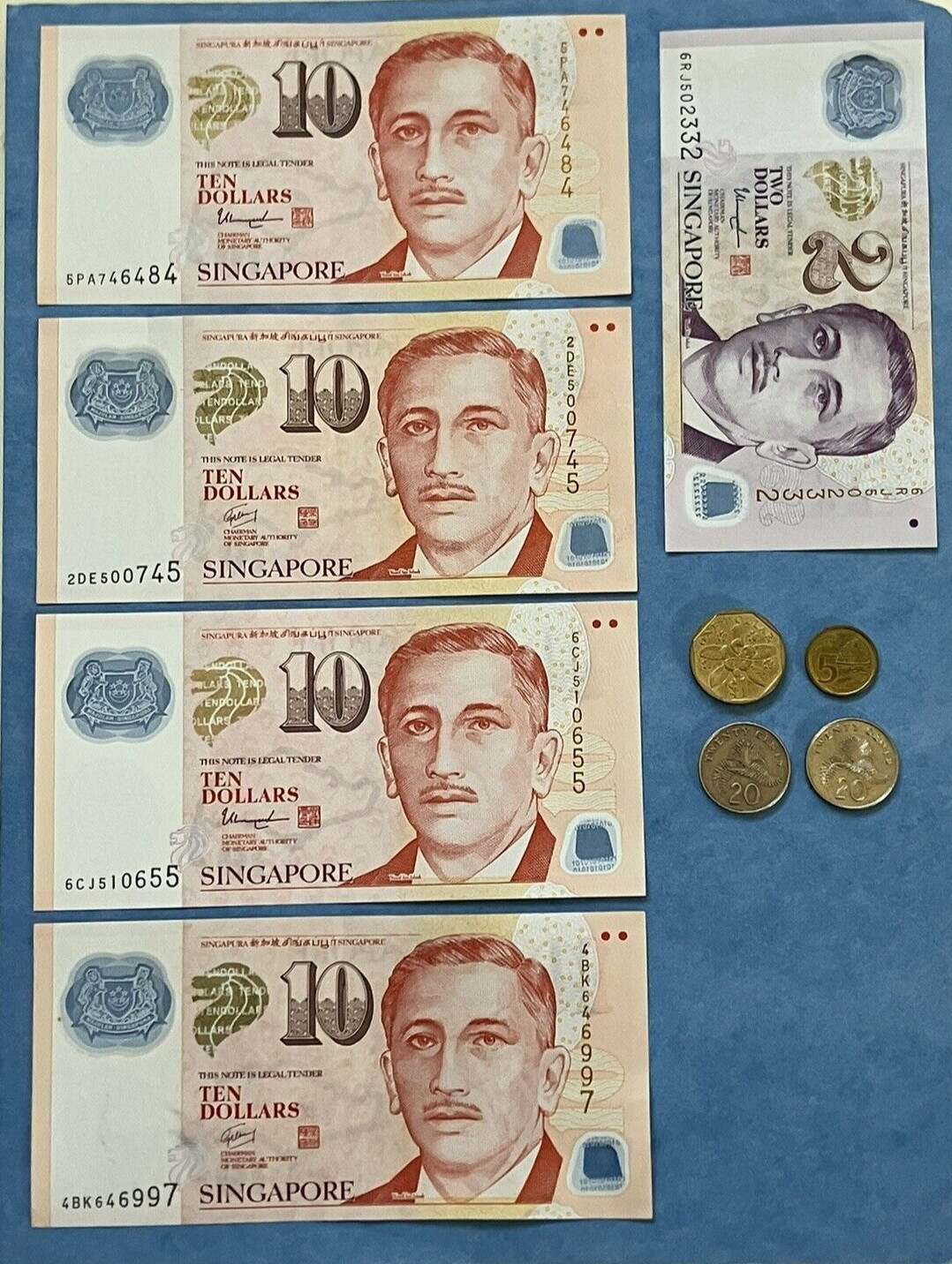 Singapore SGD Banknotes 10x4 &2x1  Sports & Education Polymer +Coin 1$ 20c 5c x2