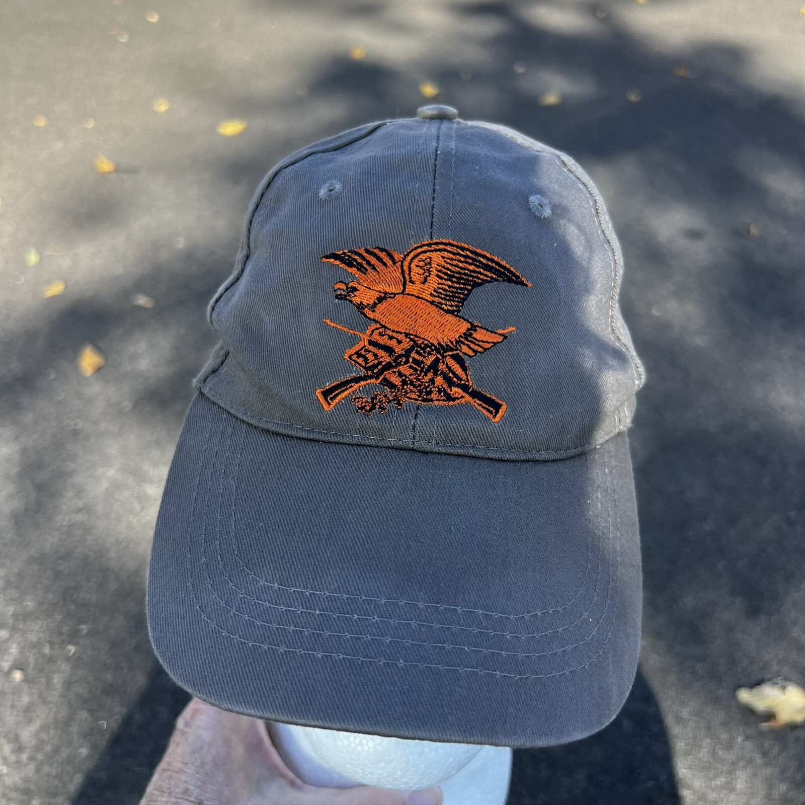 NRA on Back In Black w Orange Eagle Logo on Front on Gray Hat Cap Hook Loop