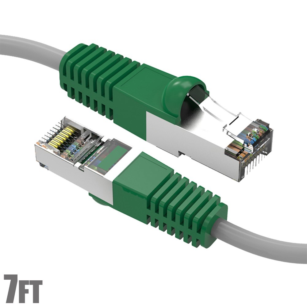 7FT Cat6 RJ45 Network LAN Ethernet Shielded Crossover Cable Gray Wire/Green Boot