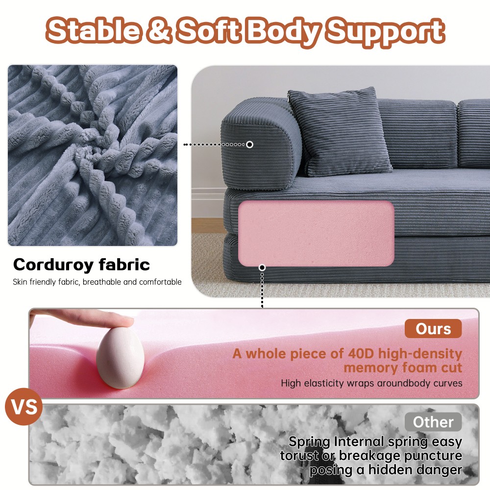 Modular Floor Sofa Bed w/Blanket Pillow,75"L Corduroy for Living Room