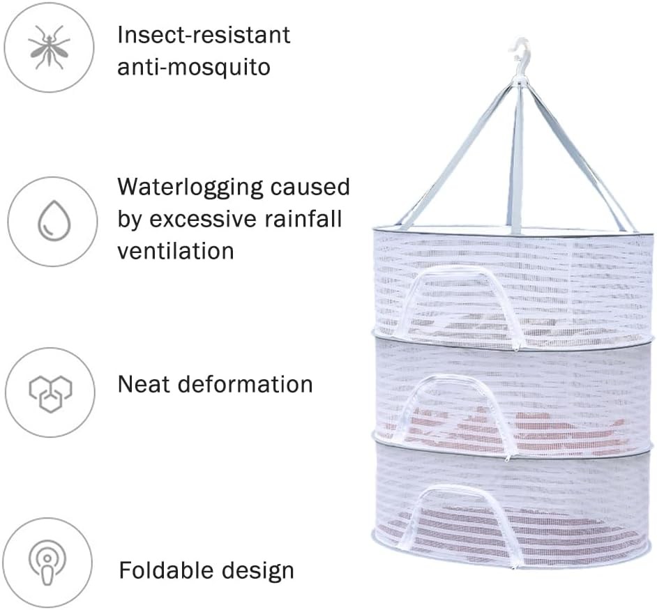 Herb Drying Rack 3-Layer Foldable Hanging Mesh Drying Net with Zipper