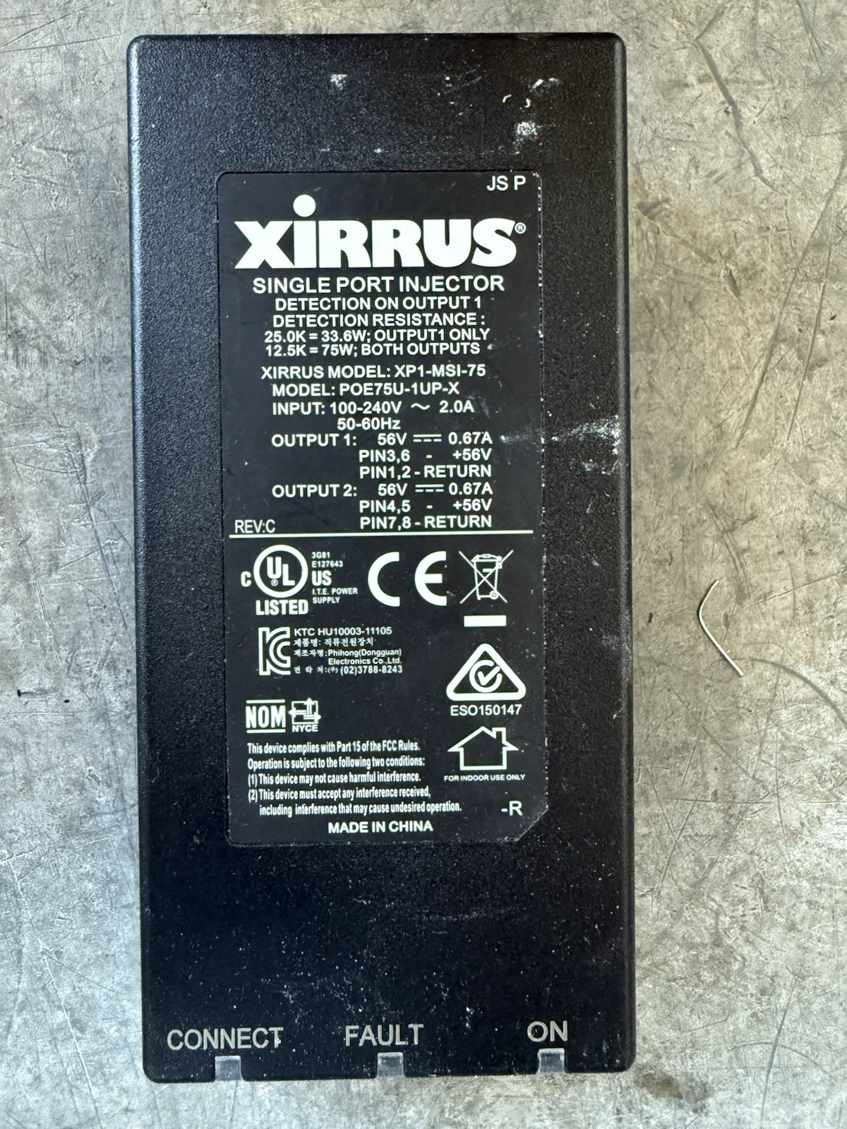 Xirrus XP1-MSI-75 Single Port Poe Injector