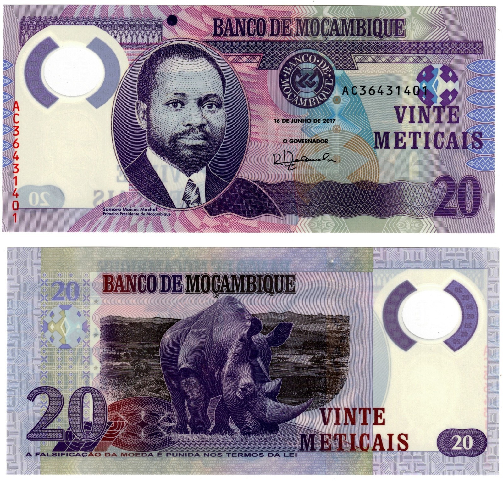 2017 Mozambique Banknote P149b 20 Meticais UNC Polymer