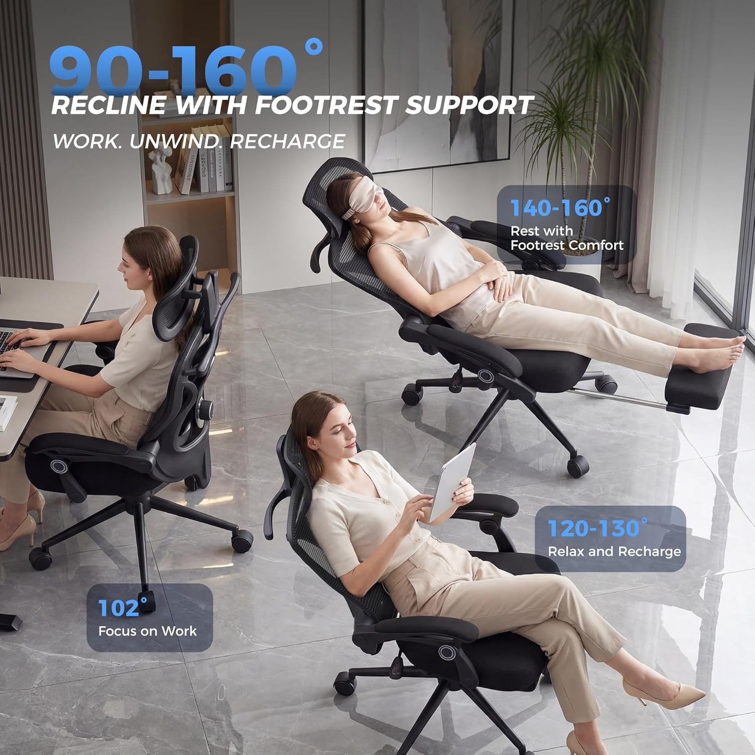 Ergonomic Office Chair with Footrest | 90-160° Reclining Mesh Back | 350lbs Cap