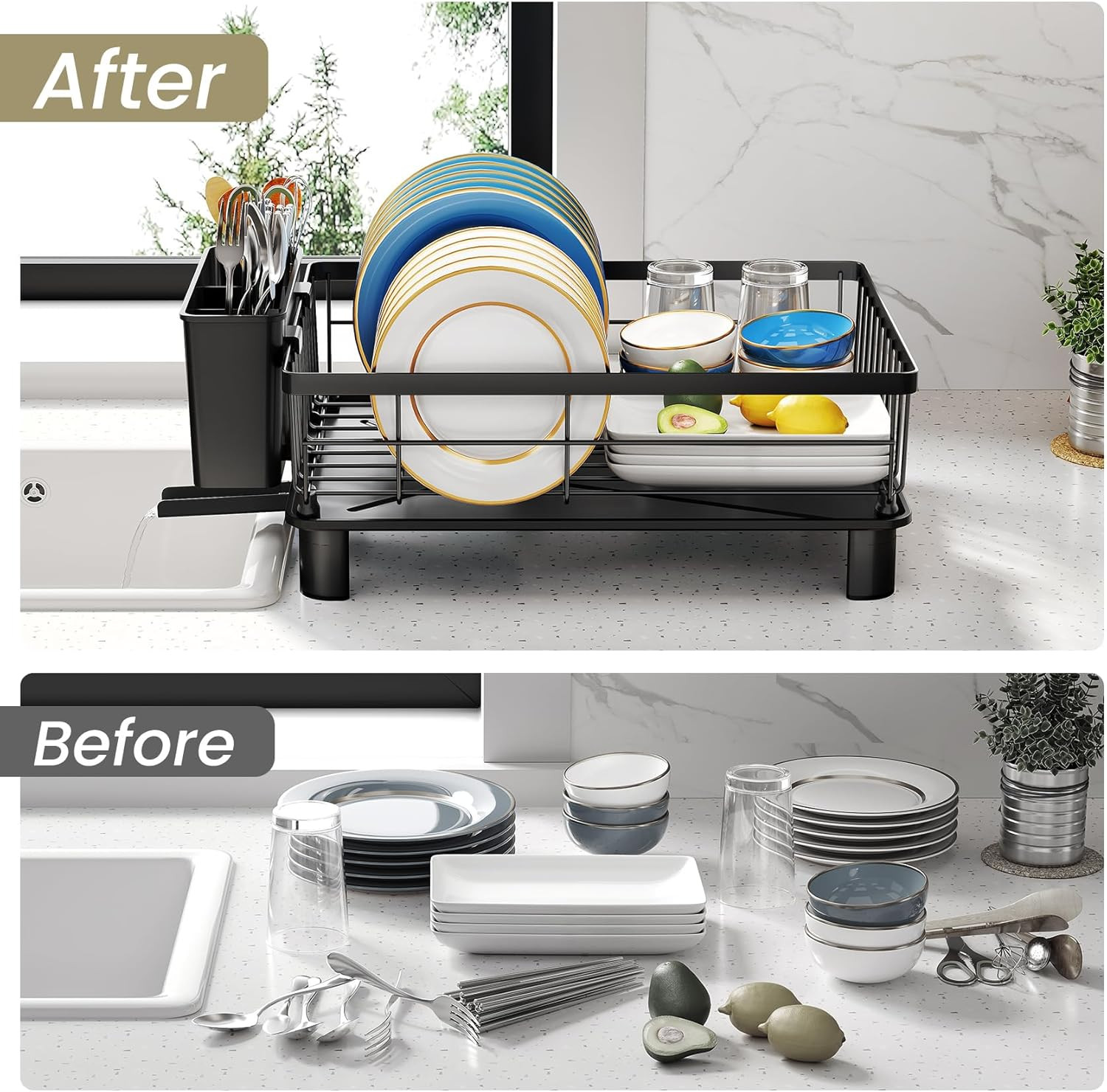 Dish Drying Rack - Space-Saving Dish Rack for Kitchen Counter, Stainless Steel D