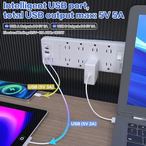 Surge Protector Power Strip, Extension Cord with USB Timer 8