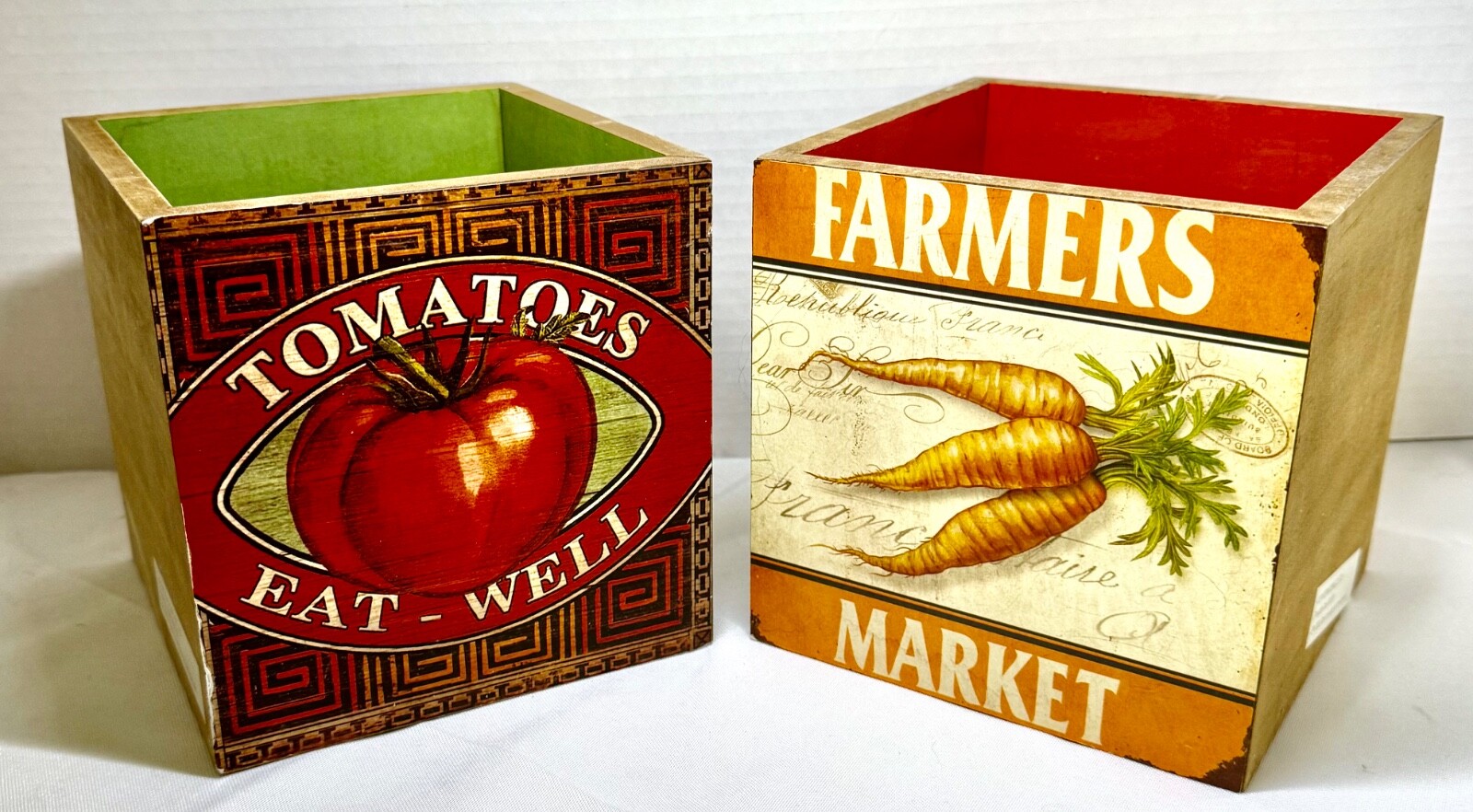 Pair of Hand Crafted Wooden Storage Boxes- Farmers Market Carrots & Tomatoes