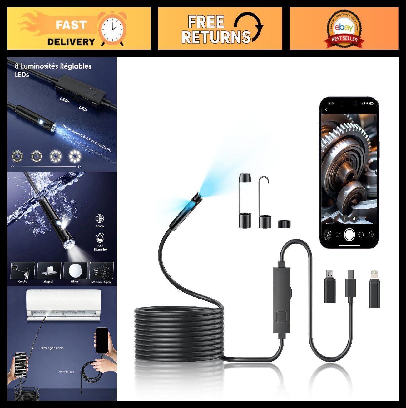 1920P HD Dual Lens Endoscope Camera, Waterproof Borescope for Pipe & Engine Insp