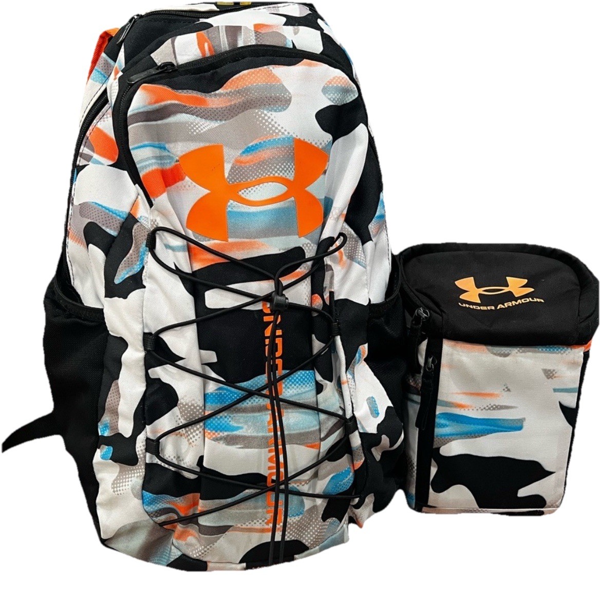 Set Under Armour Hustle Sport Backpack Storm Black/Orange Lunch Box Together