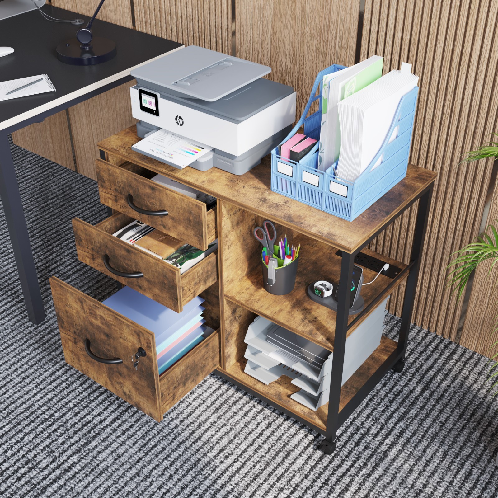 3 Drawer Mobile File Cabinet Rolling Printer Stand with Open Storage Shelf Brown