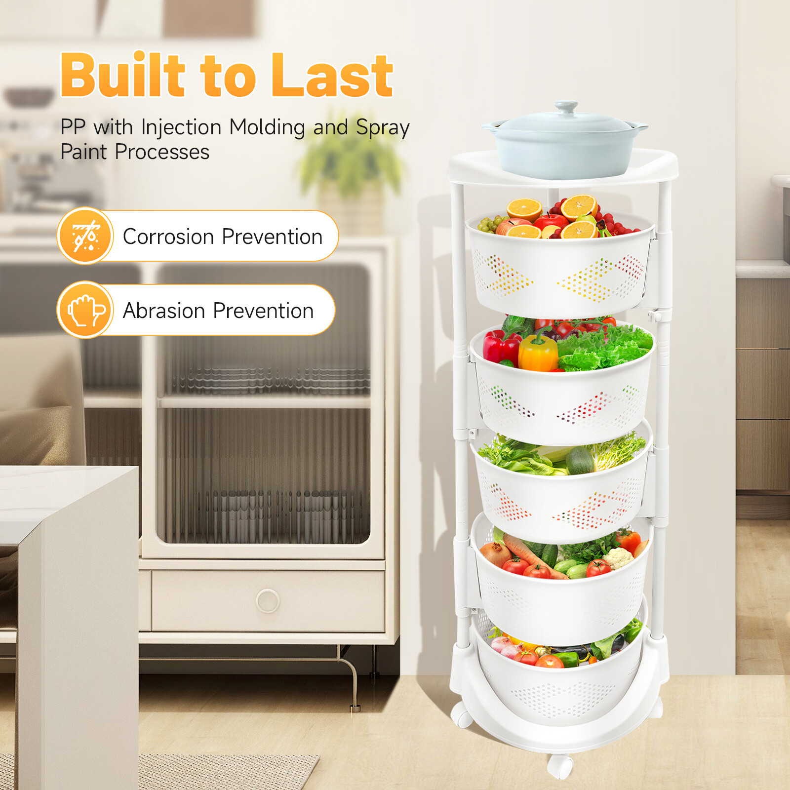 5-Tier Rotating Kitchen Organizer Rack With Fruit & Vegetable Storage Wheels