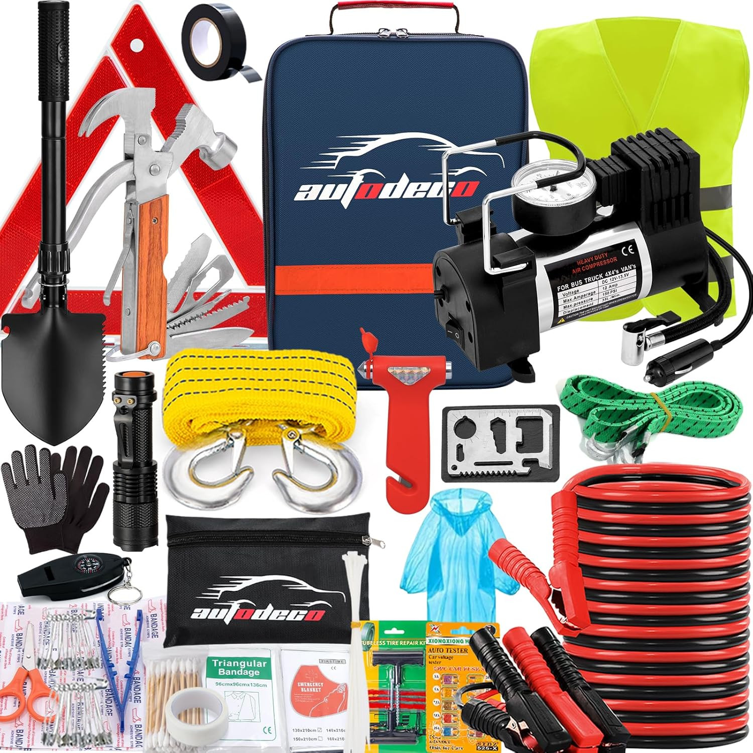 Premium 118-Piece Car Roadside Emergency Kit with Jumper Cables & Tools