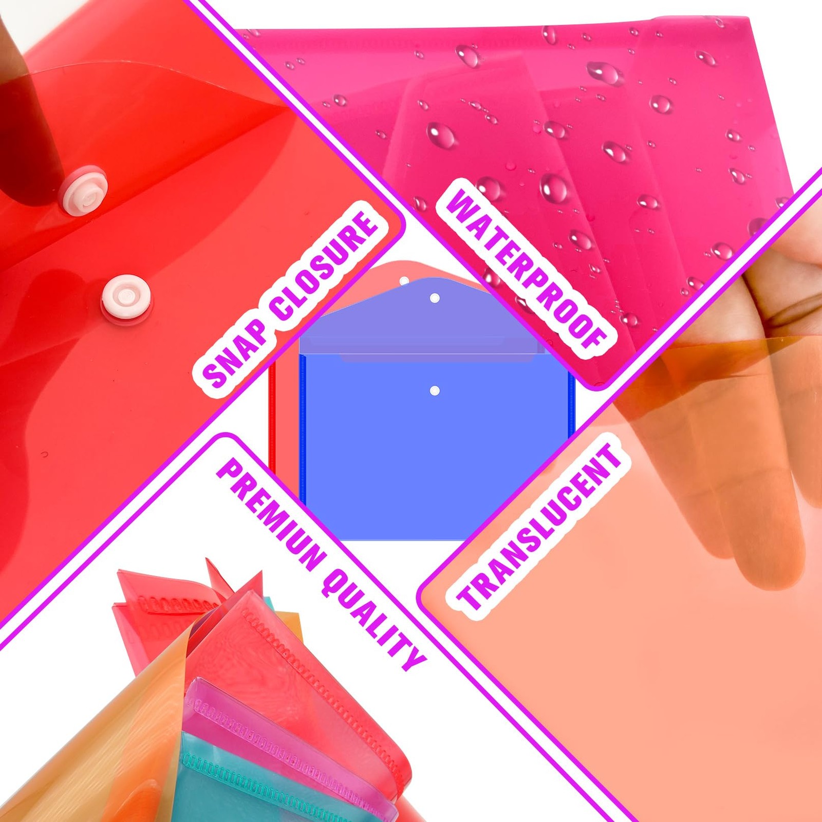 24 PCS Plastic Filing Envelopes Snap Button Closure A4 Size Poly File Folder