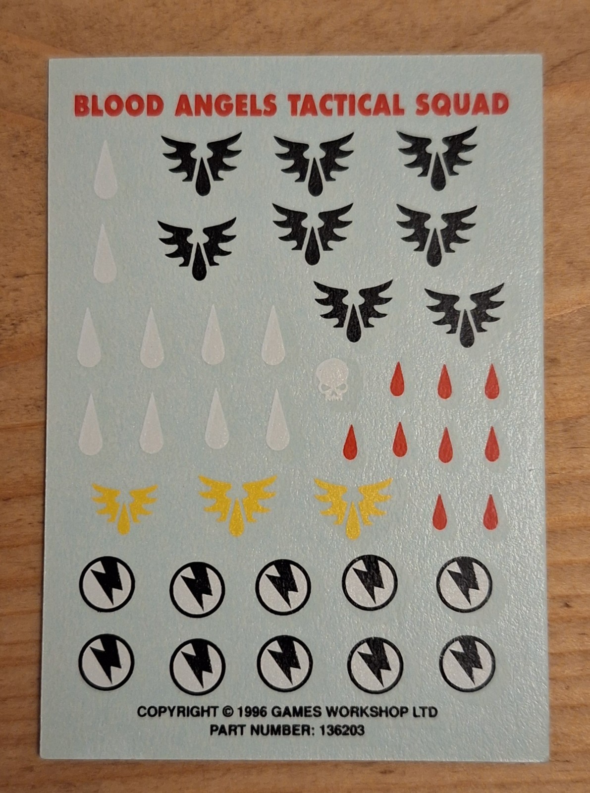 Warhammer 40k Blood Angels Tactical Squad Decals Transfer Games Workshop 1996