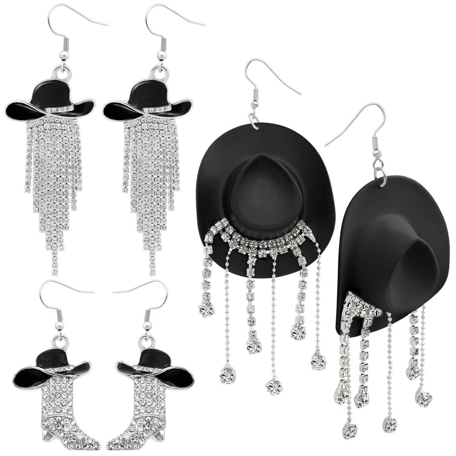 RechicGu 3 Pairs Western Cowgirl Cowboy Hat Earrings Set Silver Symmetric Boo...