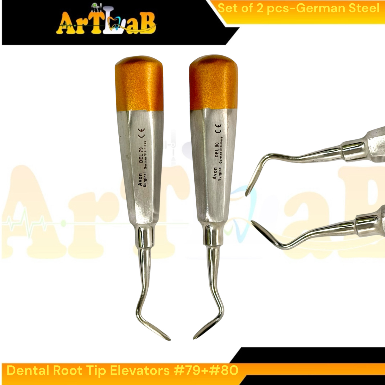 Luxating Root Elevator Set with Angled Sharp Tips, #79 & #80, Hollow, Gold (2pk)